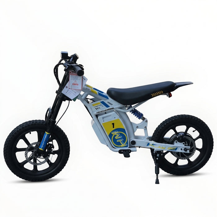 Wind Horse electric bike side profile view with white body, yellow-blue decals, and black tires
